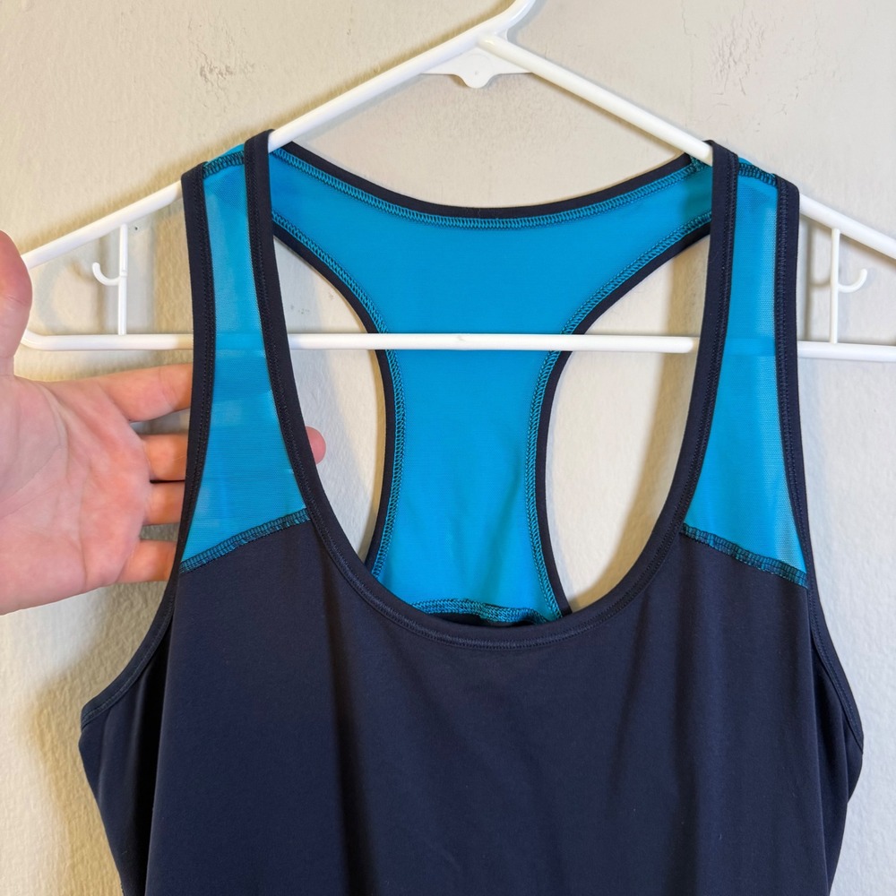 Athleta Womens Navy Blue Turquoise Mesh Racerback Workout Tank Top Size M - Picture 2 of 6